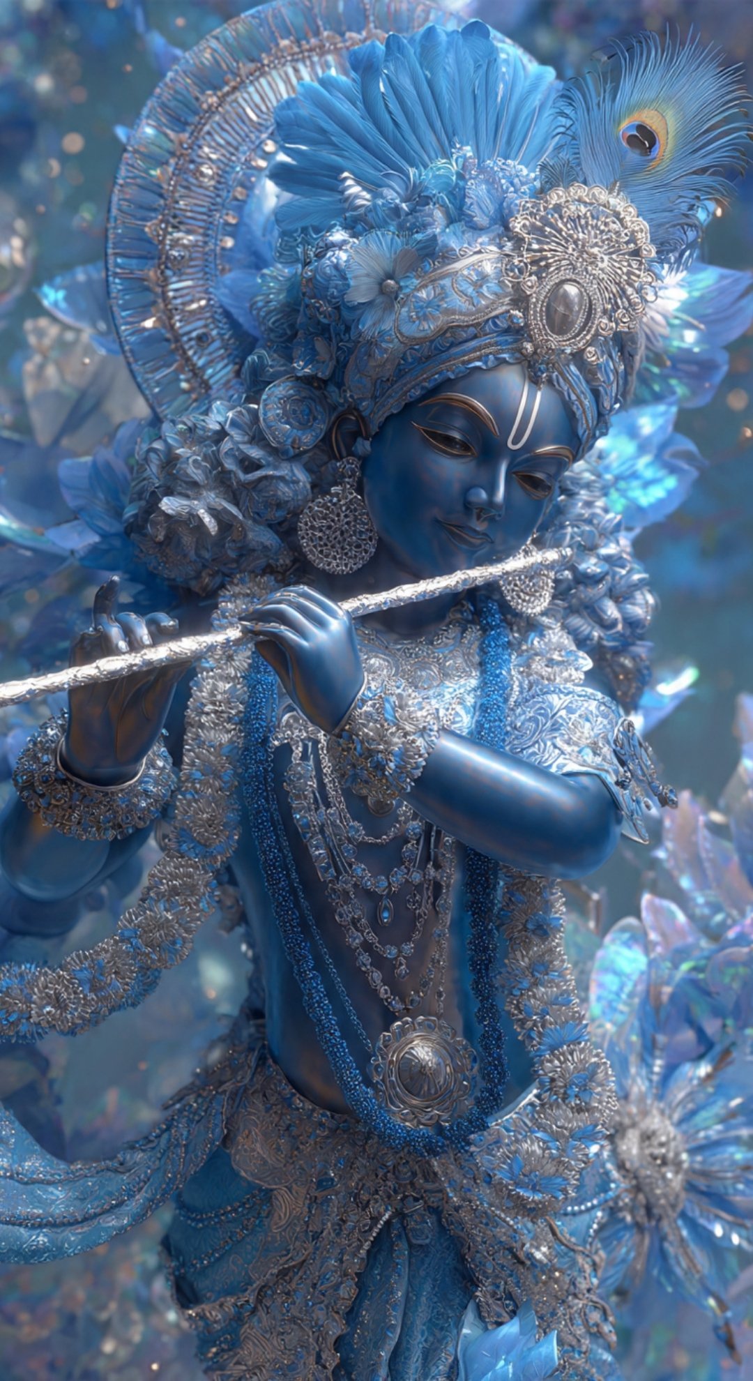 Blue Krishna Playing Flute – Divine 3D Spiritual Art Wallpaper