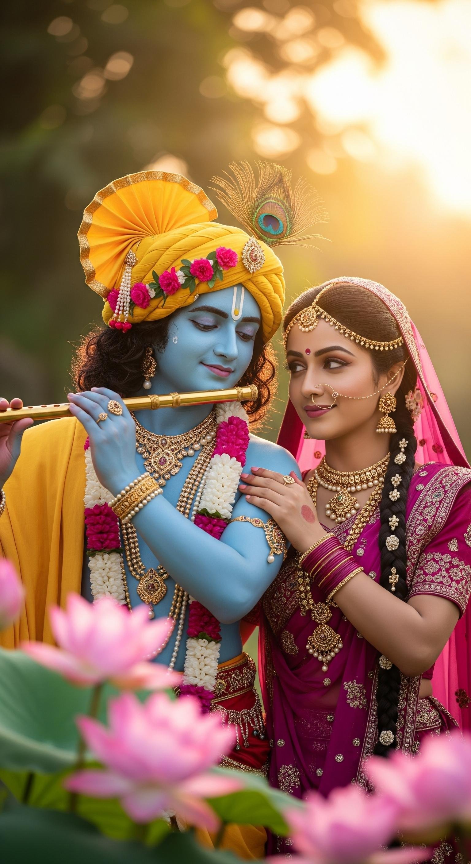 Divine Love of Radha Krishna at Golden Sunset