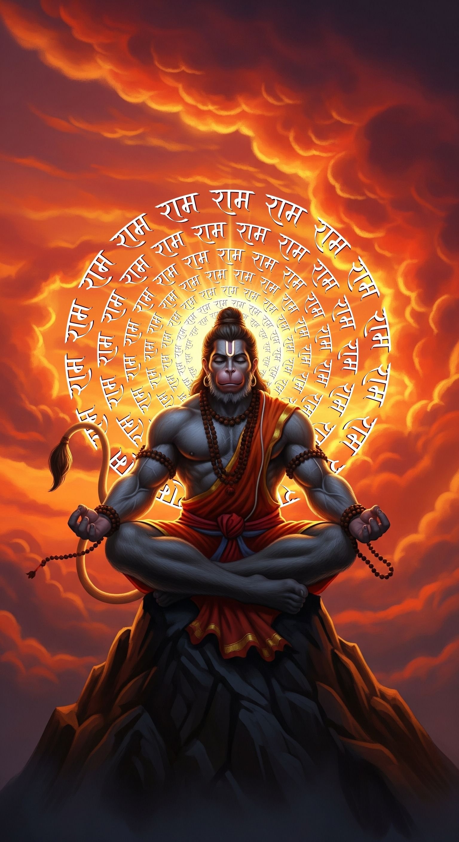 Lord Hanuman Meditation with Ram Mantra Aura 4K Wallpaper for iPhone & Android