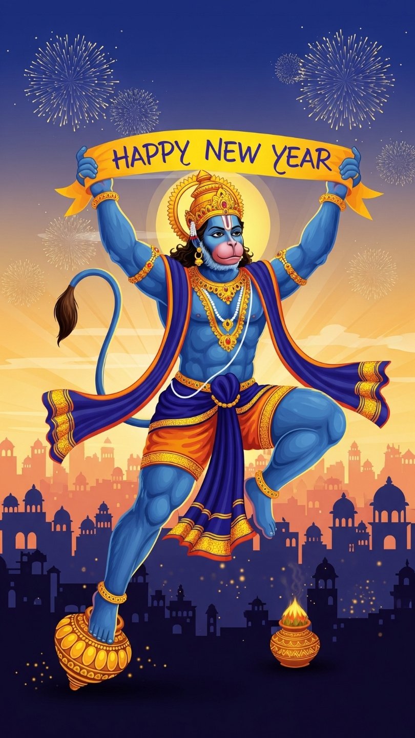 Happy New Year Hanuman Celebration Art 4K Wallpaper for iPhone & Android
