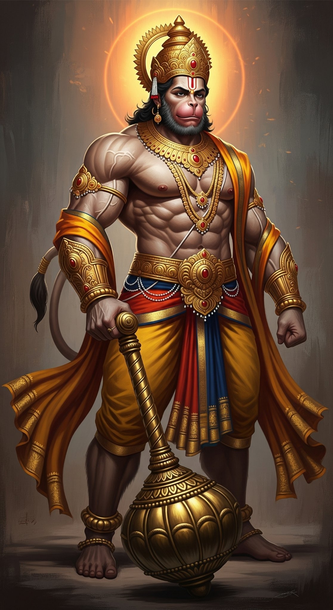 Powerful Lord Hanuman with Golden Gada – Divine Strength Art