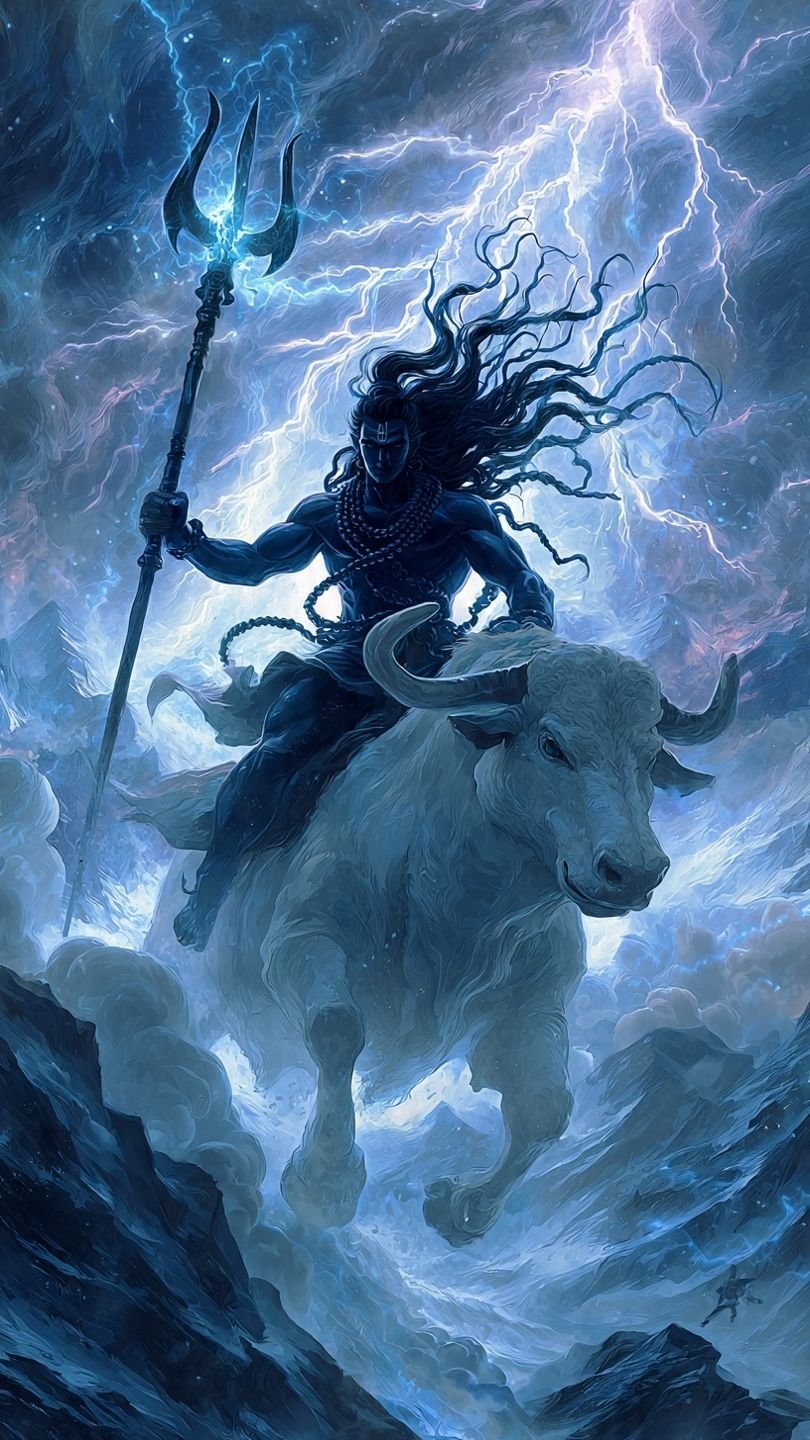 Lord Shiva Riding Nandi in Thunderstorm – Divine Power Wallpaper 4K Wallpaper for iPhone & Android