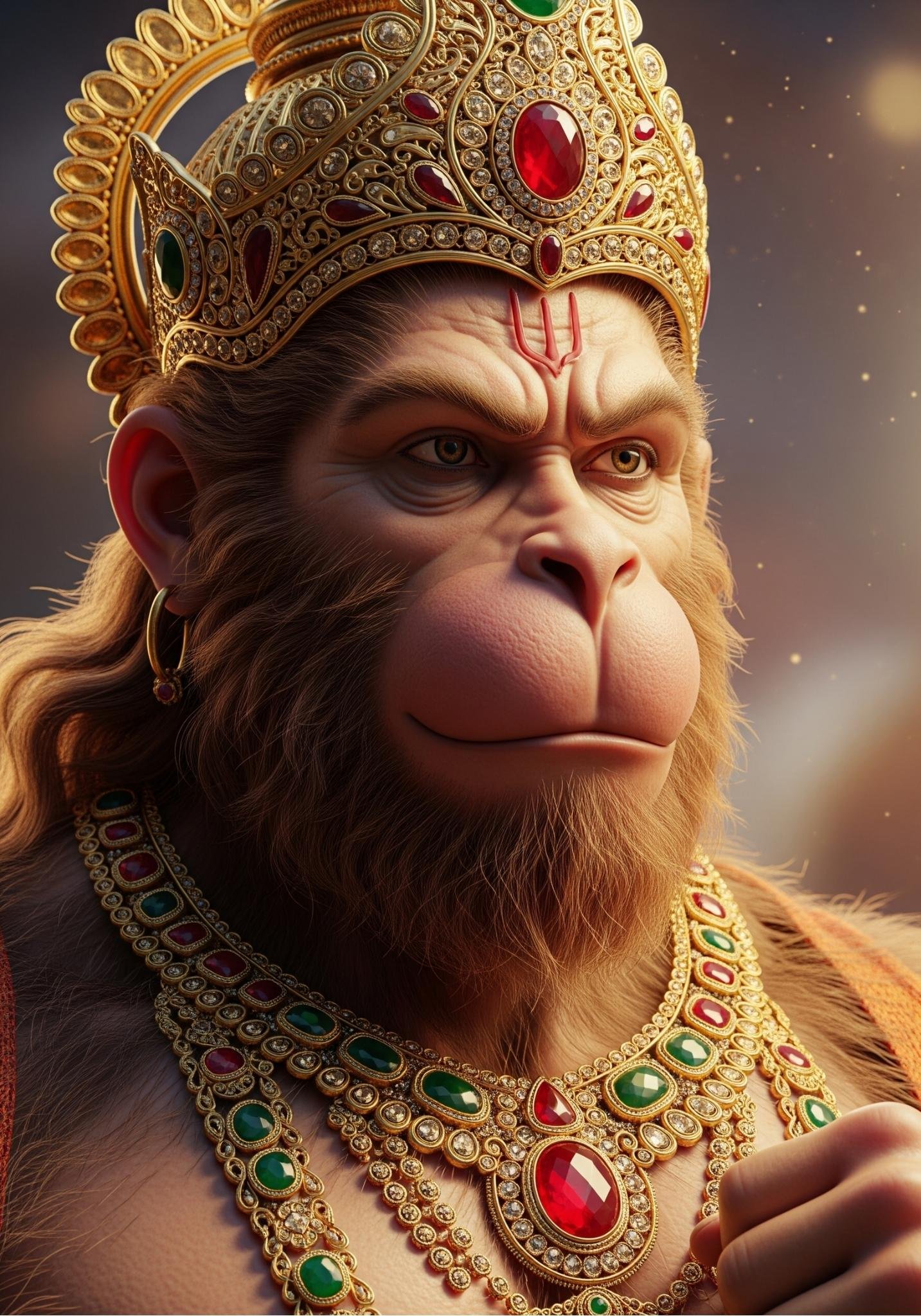 Divine Lord Hanuman Portrait with Golden Crown and Jewelry