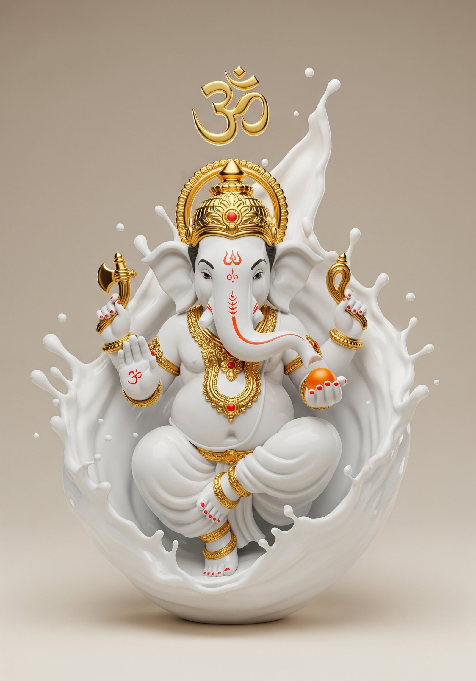 White Marble Lord Ganesha with Golden Crown 4K Wallpaper for iPhone & Android