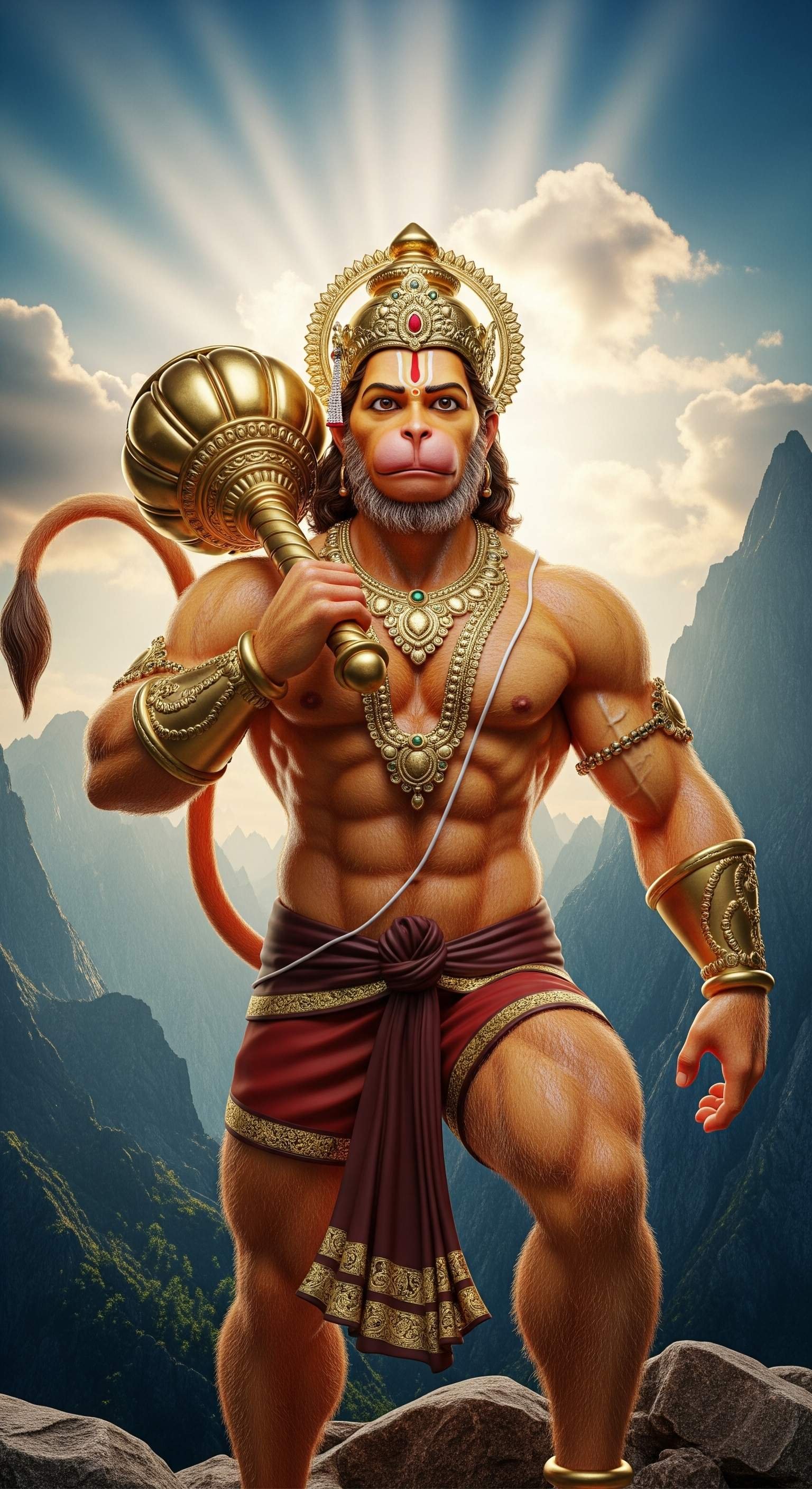 Divine Lord Hanuman Standing with Gada Wallpaper 4K Wallpaper for iPhone & Android