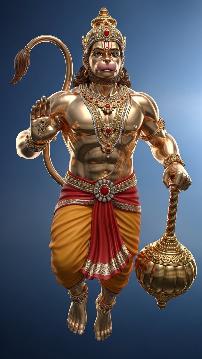 3D Golden Lord Hanuman Standing with Gada – Divine Strength Art