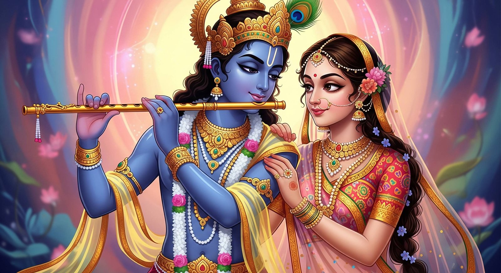 Radha Krishna Playing Flute – Divine Love 3D Illustration