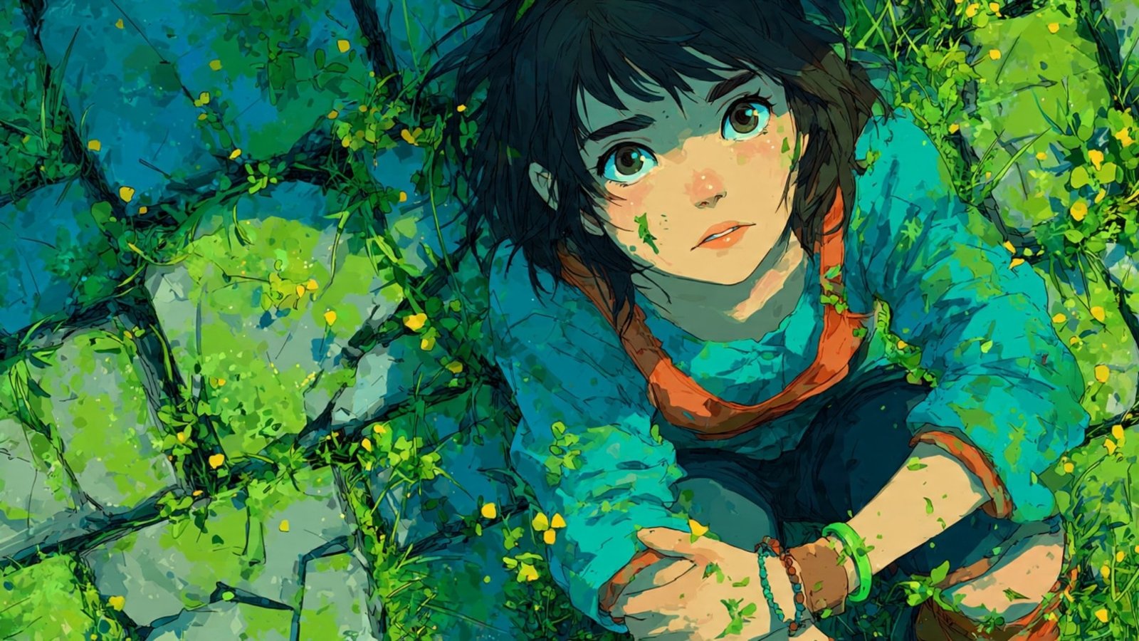 Dreamy Anime Girl in Lush Green Forest