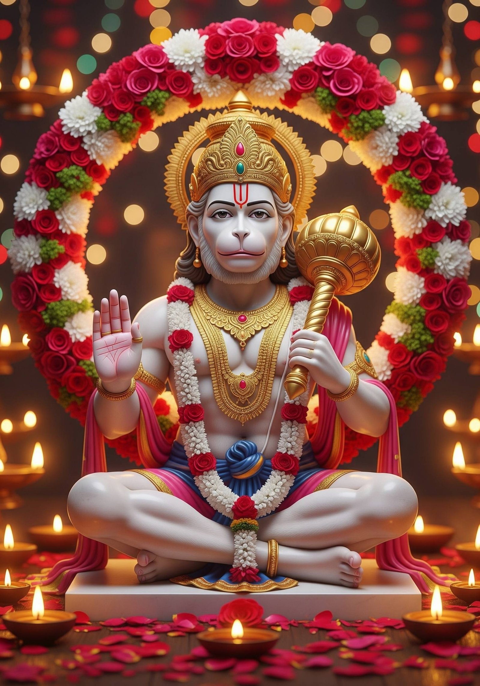 Divine Lord Hanuman Blessing Pose with Golden Gada