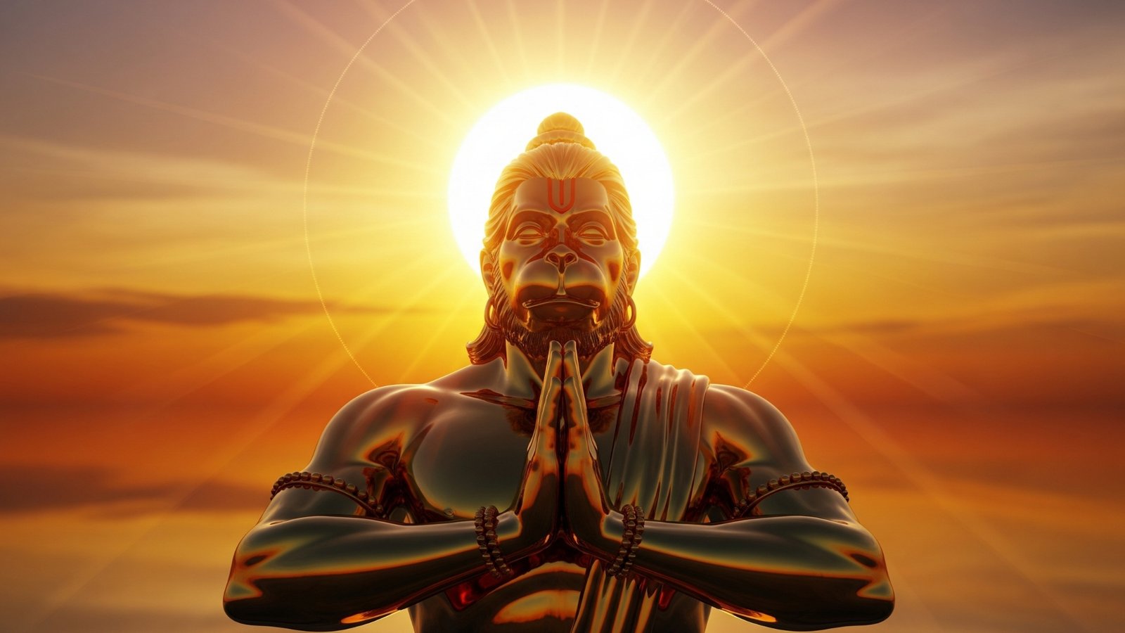 Golden Hanuman Praying at Sunrise 3D Devotional Art