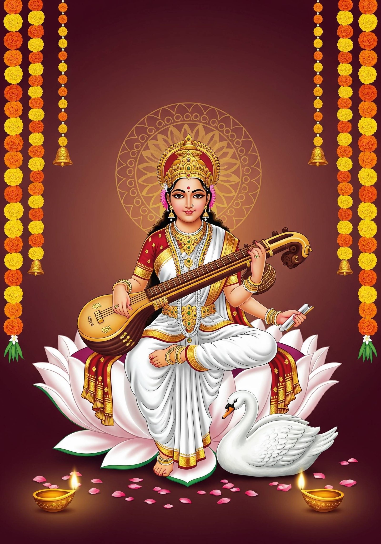 Maa Saraswati Playing Veena Divine Wallpaper