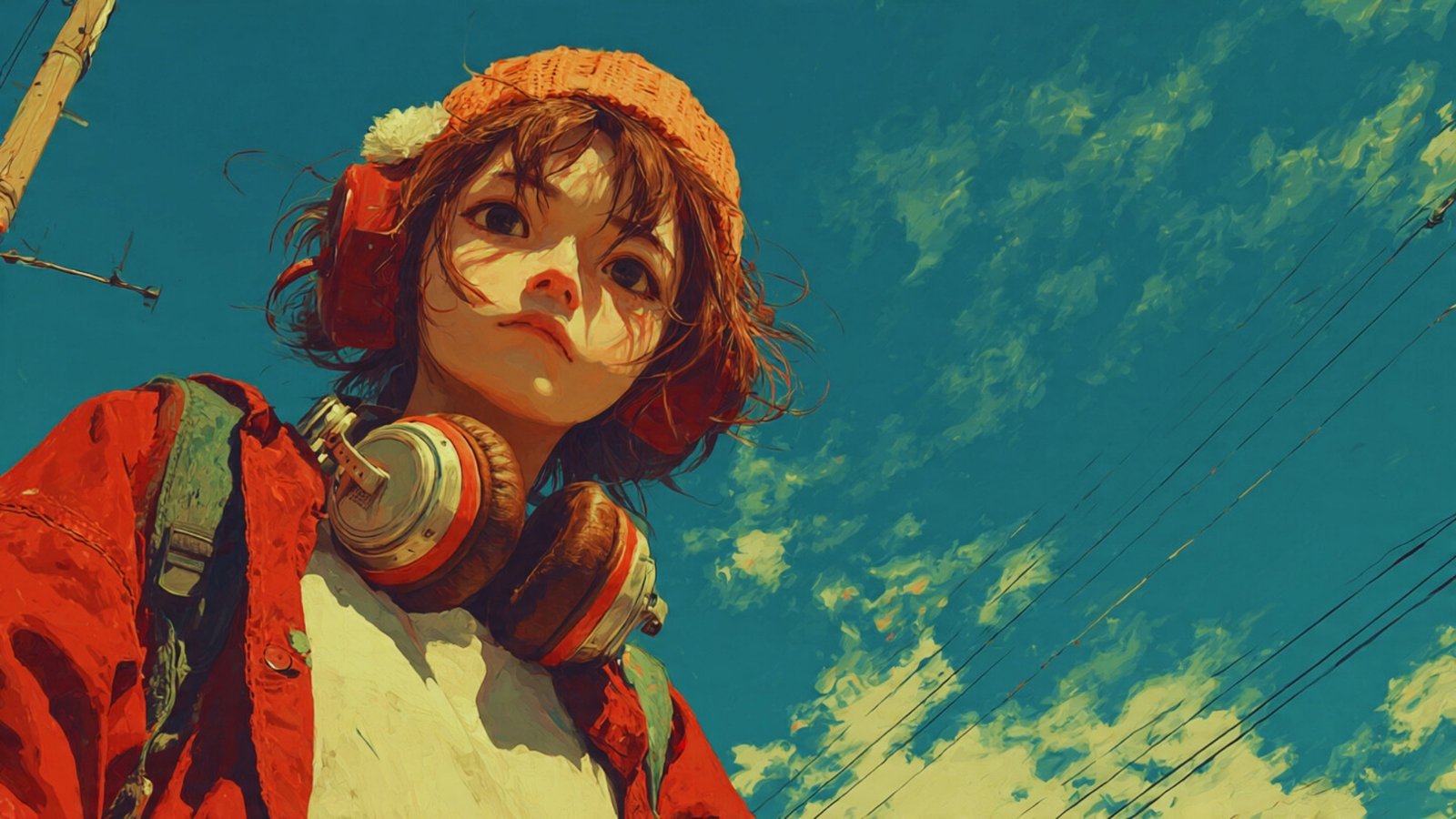 Aesthetic Girl with Headphones Sky Portrait