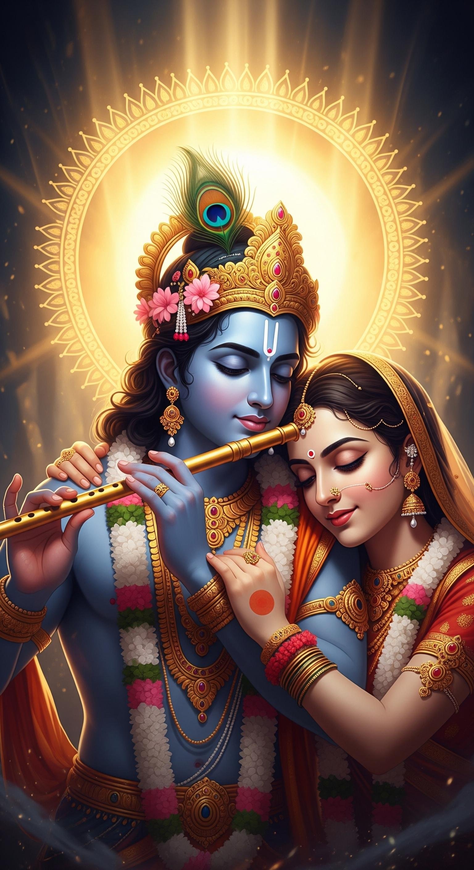 Divine Krishna and Radha Playing the Flute