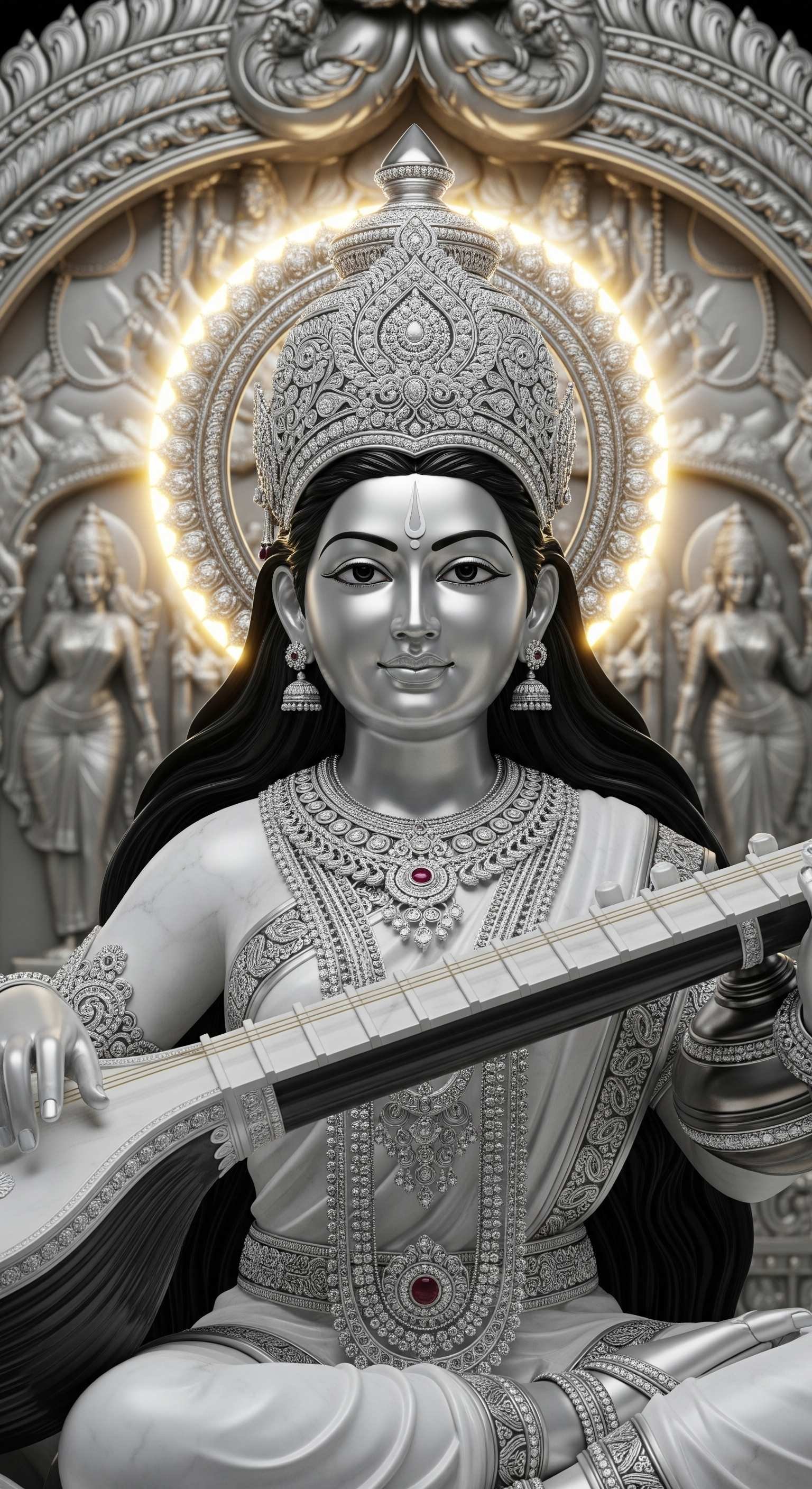 Divine Goddess Saraswati Playing Veena in Sacred Silver Form 4K Wallpaper for iPhone & Android