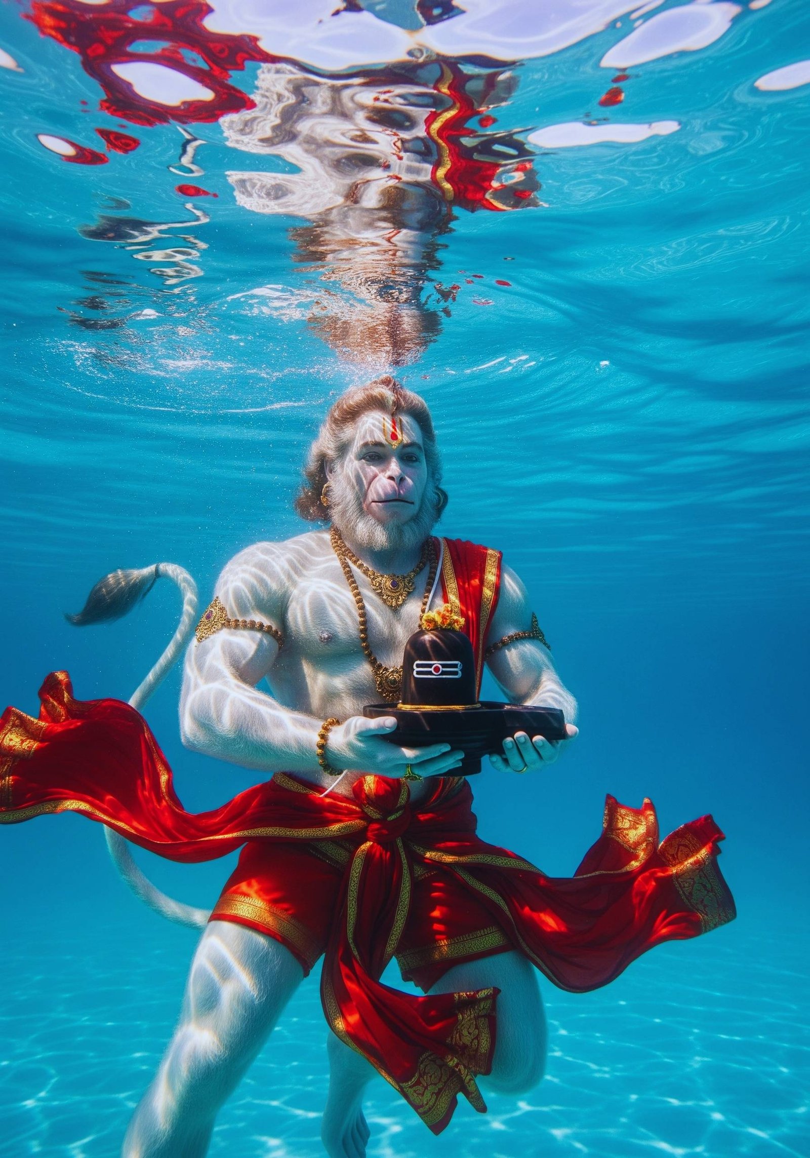 Hanuman Offering Shivling Underwater in Divine Devotion