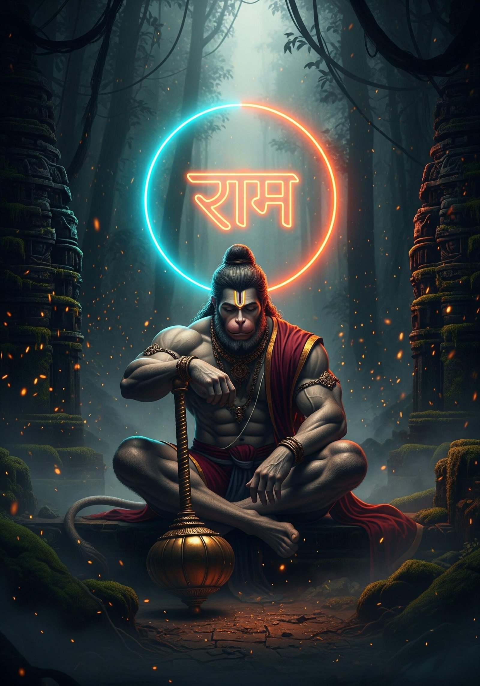 Meditating Hanuman with Ram Naam in Sacred Forest 4K Wallpaper for iPhone & Android