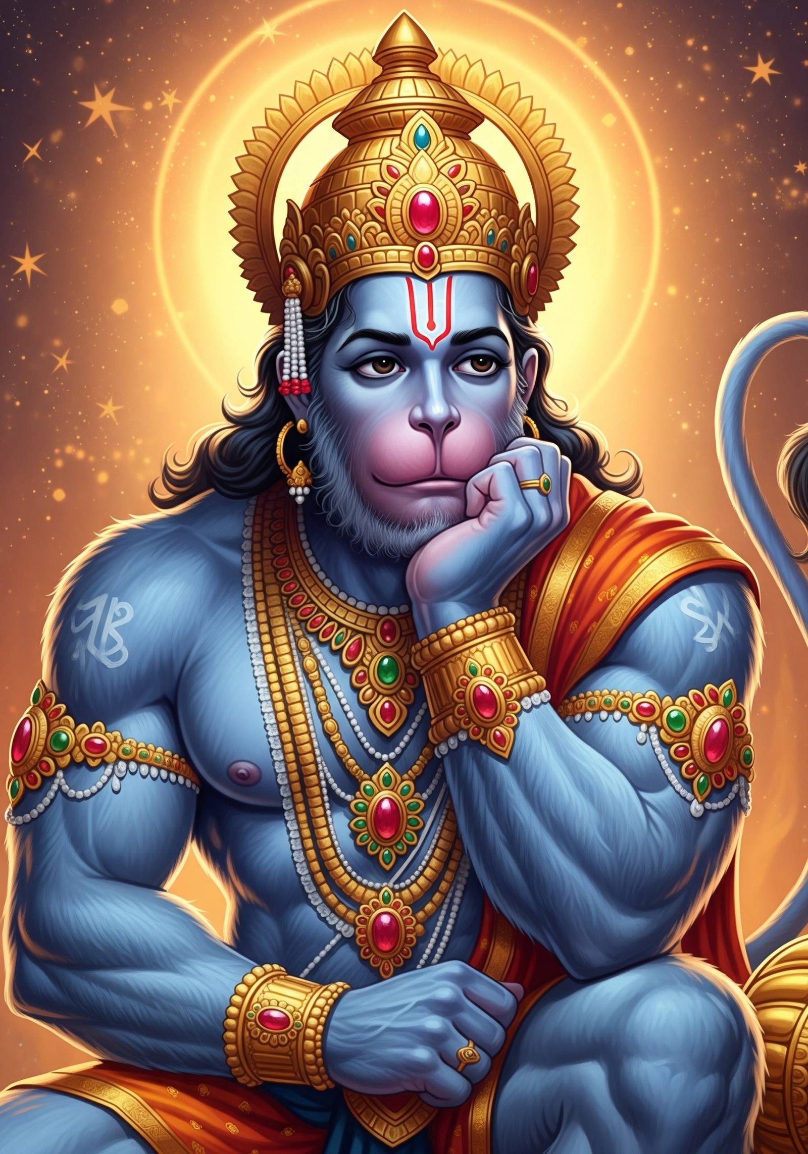 Thoughtful Lord Hanuman with Golden Crown and Divine Aura