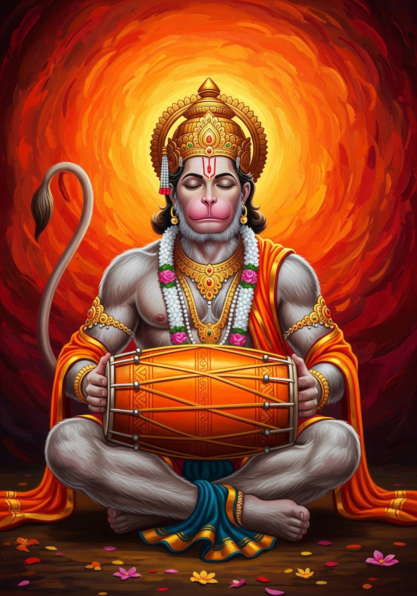 Meditative Lord Hanuman Playing Mridanga in Divine Bhakti 4K Wallpaper for iPhone & Android