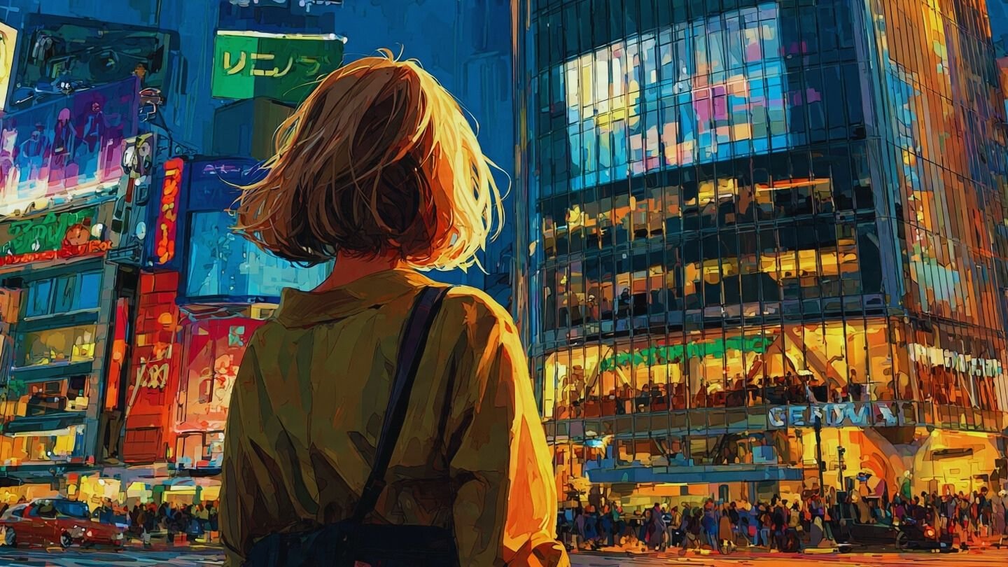 Lonely Girl Watching City Lights in Vibrant Nightscape
