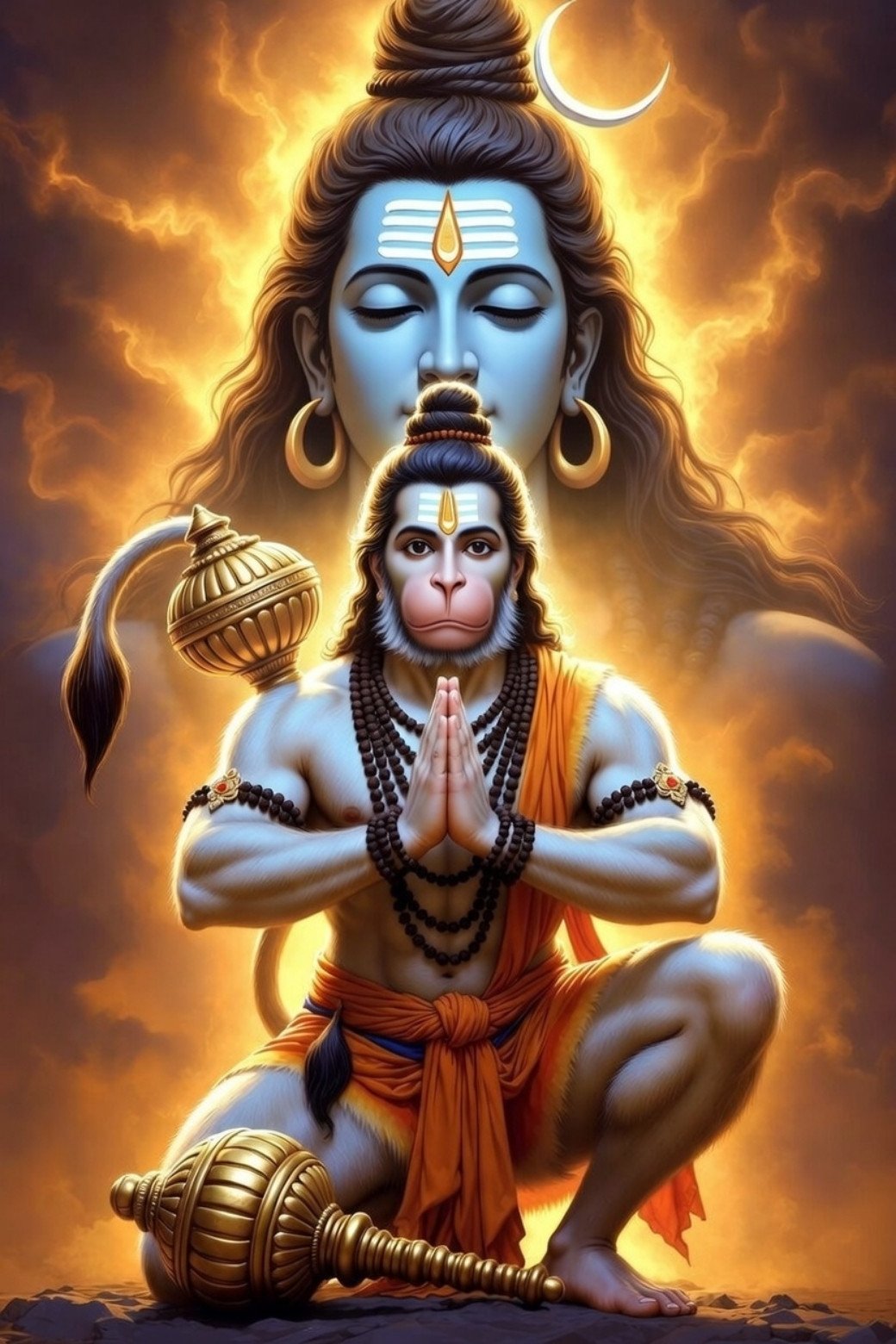 Lord Hanuman in Devotion with Lord Shiva Aura 4K Wallpaper for iPhone & Android