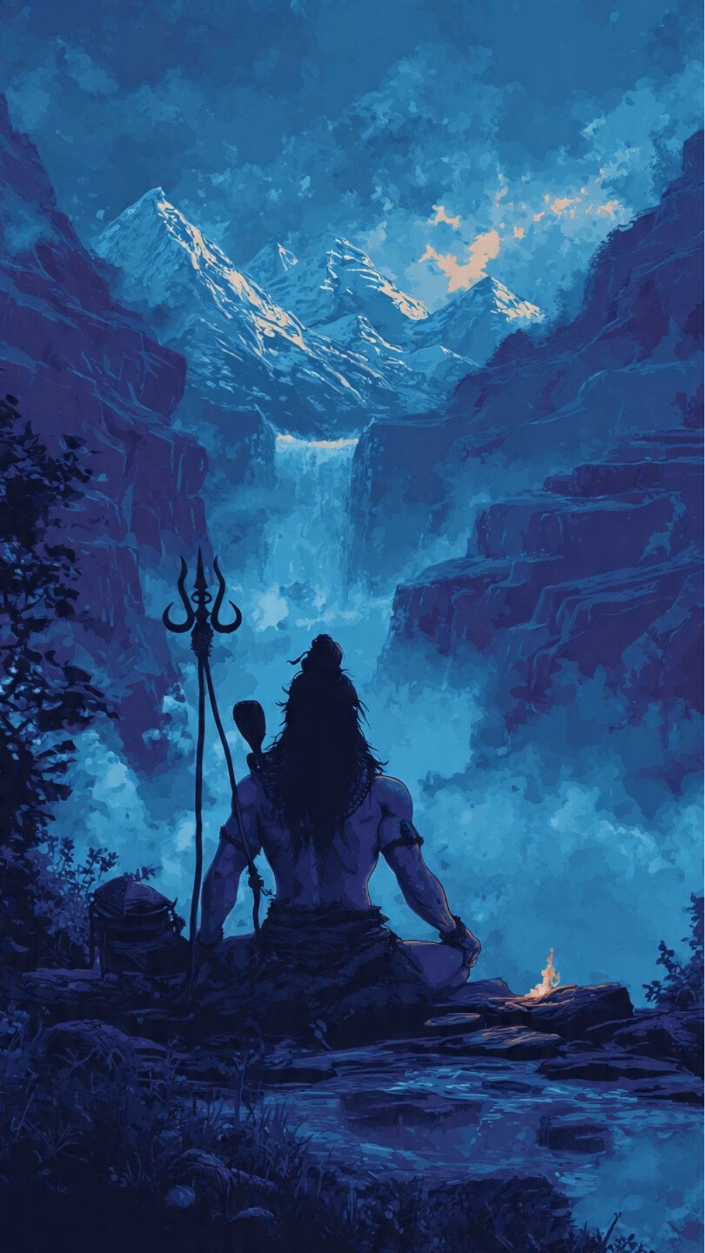 Meditating Shiva by Himalayan Waterfall at Midnight 4K Wallpaper for iPhone & Android