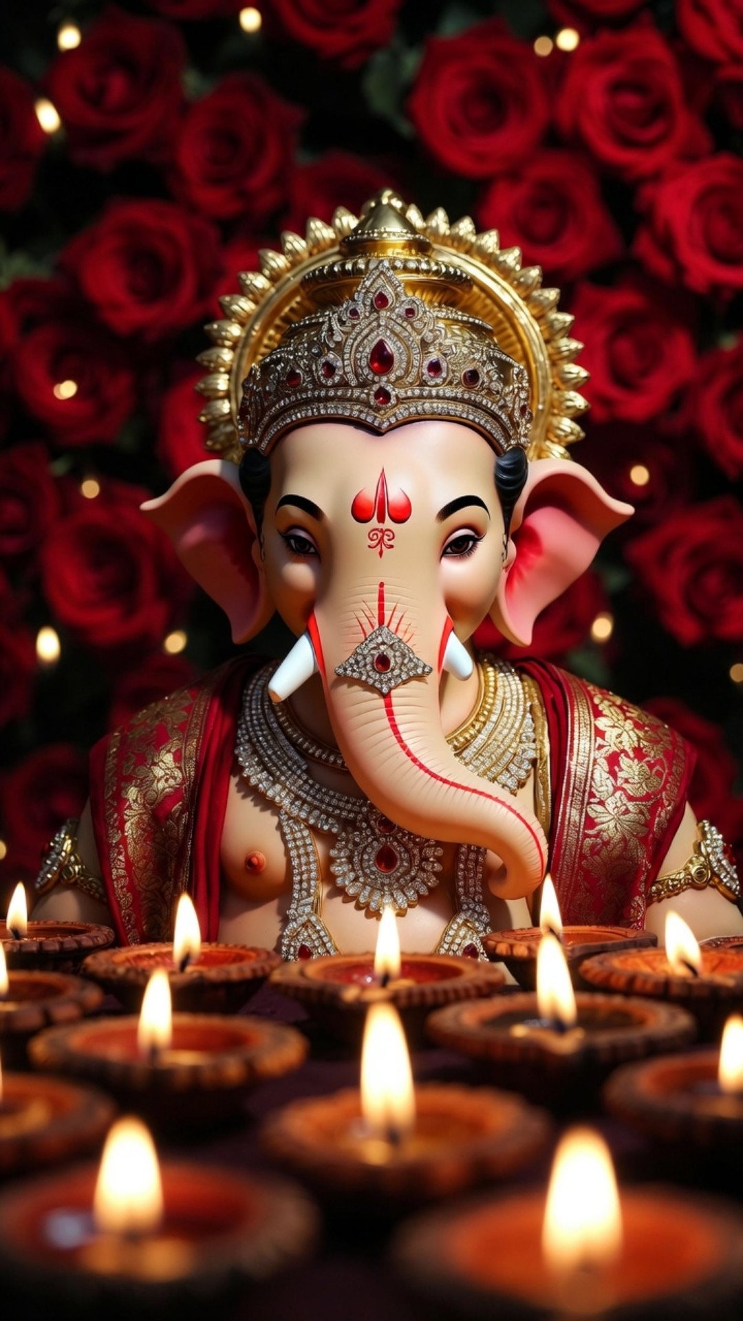 Royal Lord Ganesha Amid Diyas and Red Roses Glow
