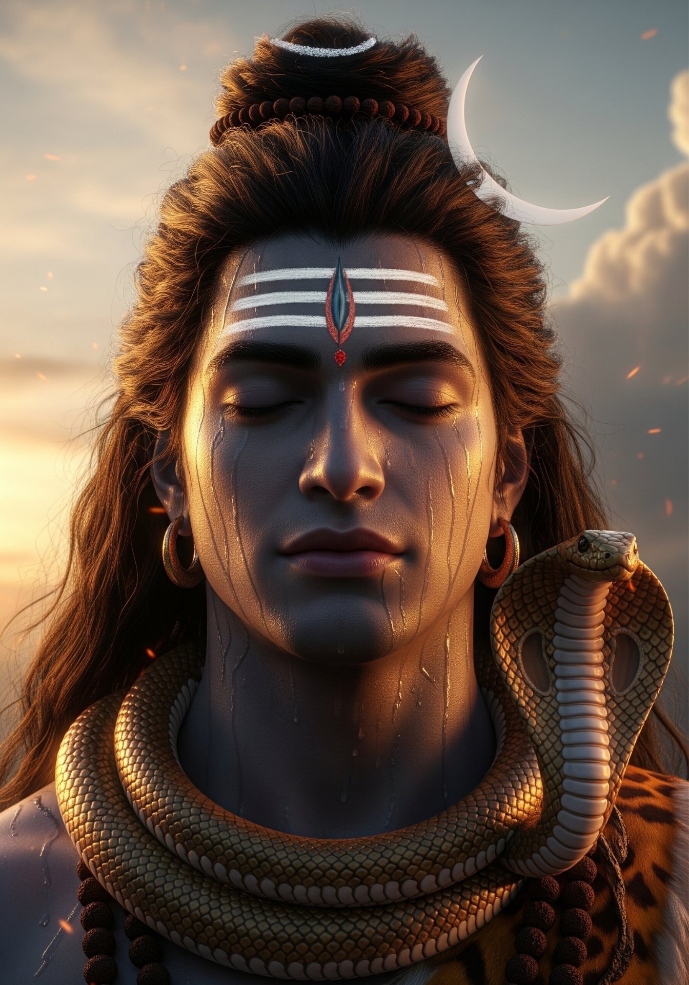 Serene Lord Shiva Portrait with Crescent Moon and Cobra