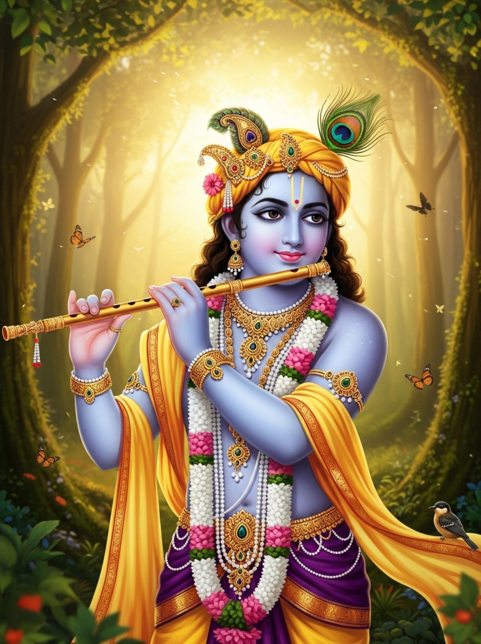 Lord Krishna Playing Flute in Vrindavan Forest