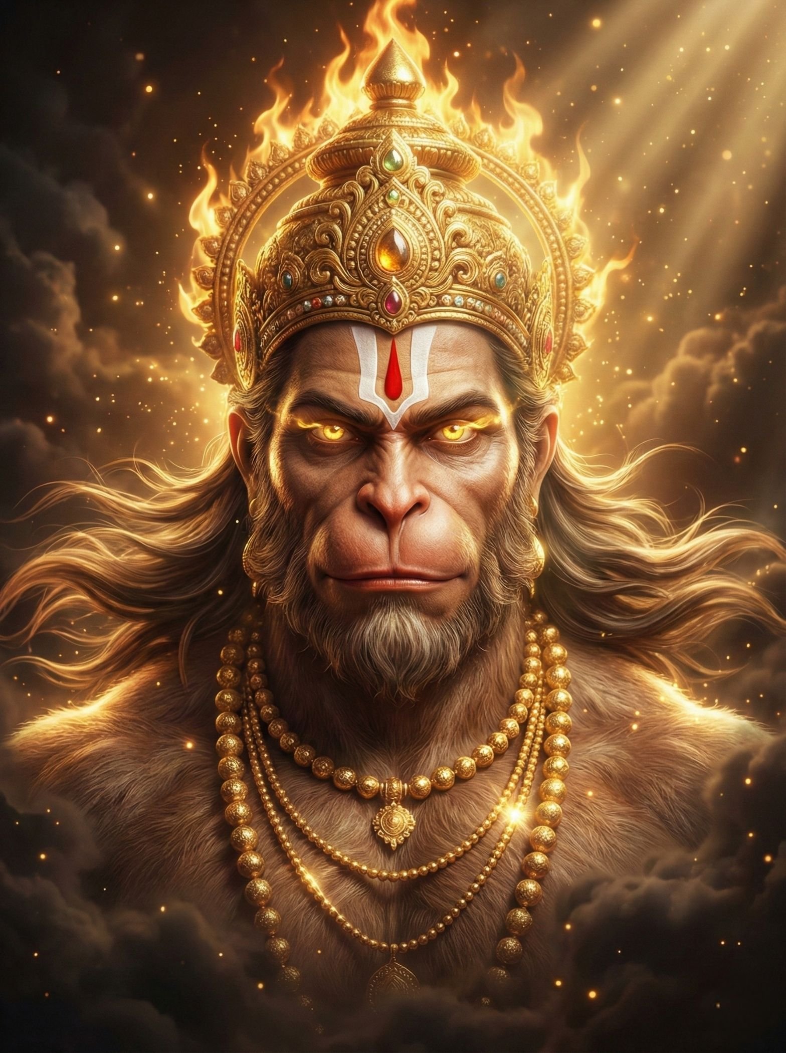 Divine Hanuman with Fiery Crown and Golden Aura