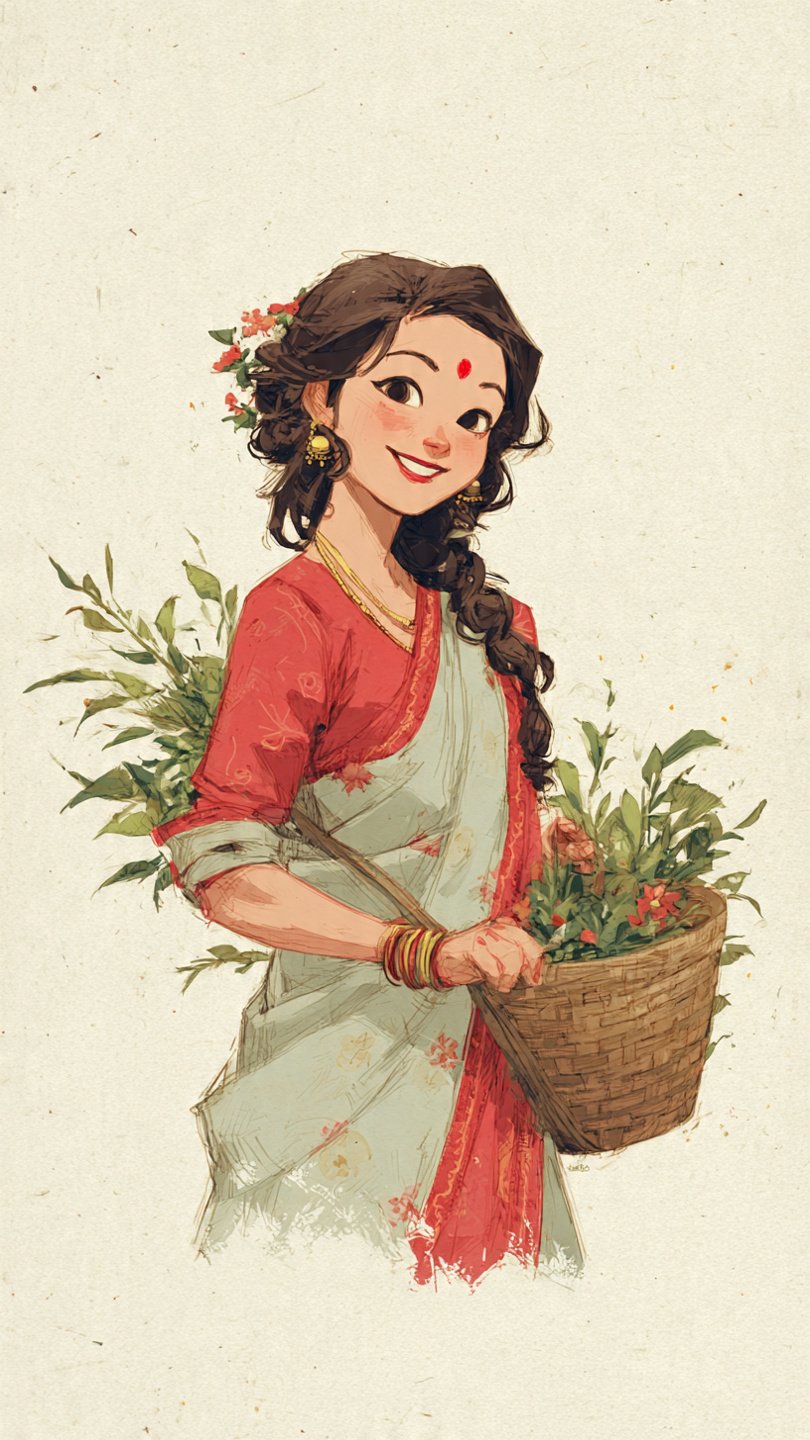 Traditional Assamese Girl Illustration with Bihu Vibes