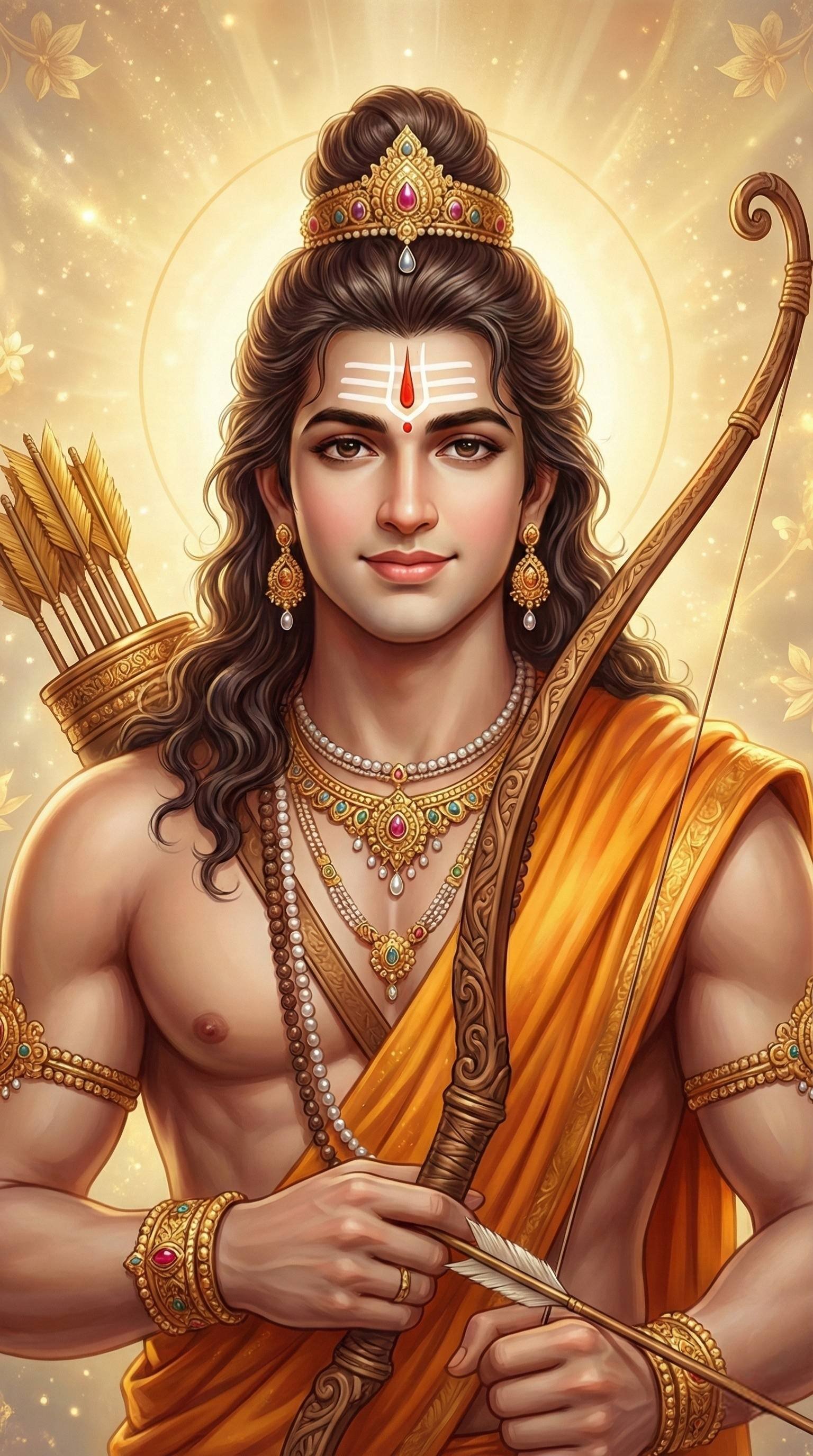 Shri Ram Royal Archer Portrait in Golden Divine Light 4K Wallpaper for iPhone & Android