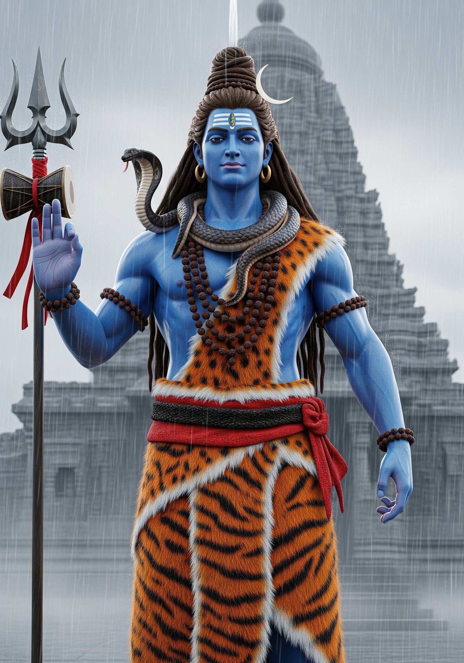 Lord Shiva Standing in Rain with Temple Backdrop 4K Wallpaper for iPhone & Android