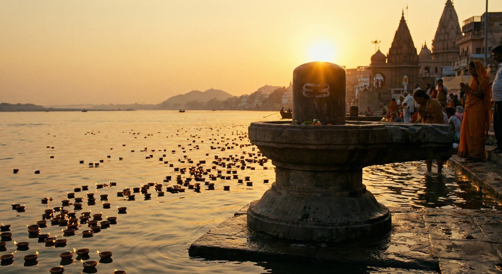 Sacred Shivling at River Ghat During Sunset Aarti