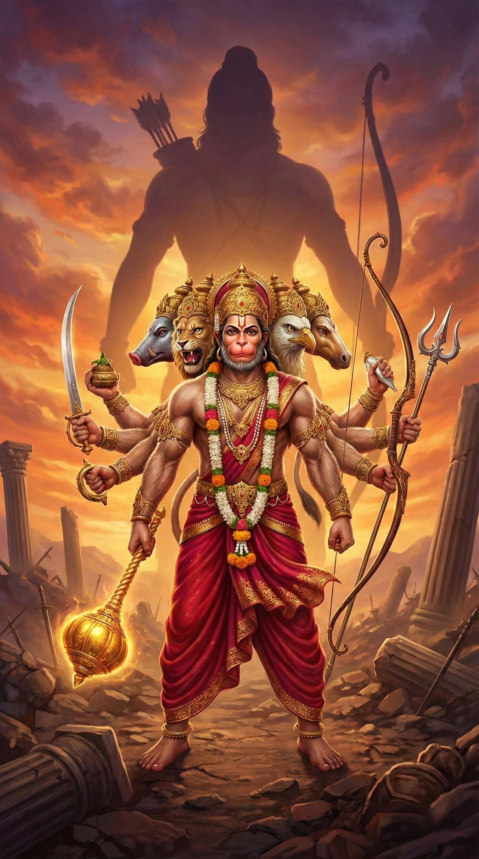 Panchmukhi Hanuman Powerful Warrior Form Wallpaper 4K Wallpaper for iPhone & Android