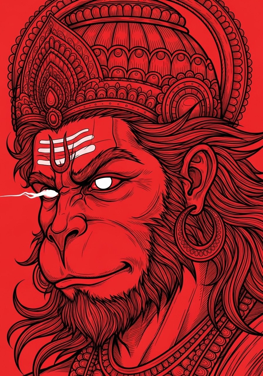Angry Hanuman Red Line Art Wallpaper 4K Wallpaper for iPhone & Android