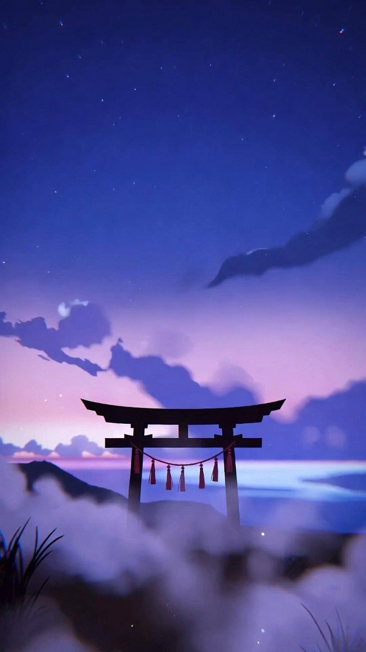 Dreamy Torii Gate Under Starry Sky Aesthetic Wallpaper 4K Wallpaper for iPhone & Android
