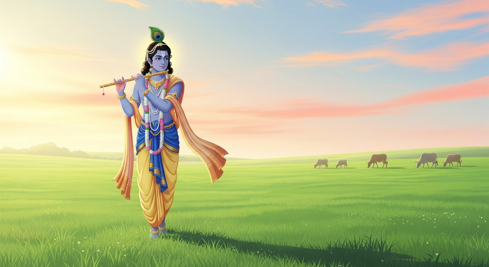 Peaceful Lord Krishna Playing Flute Nature Wallpaper 4K Wallpaper for iPhone & Android