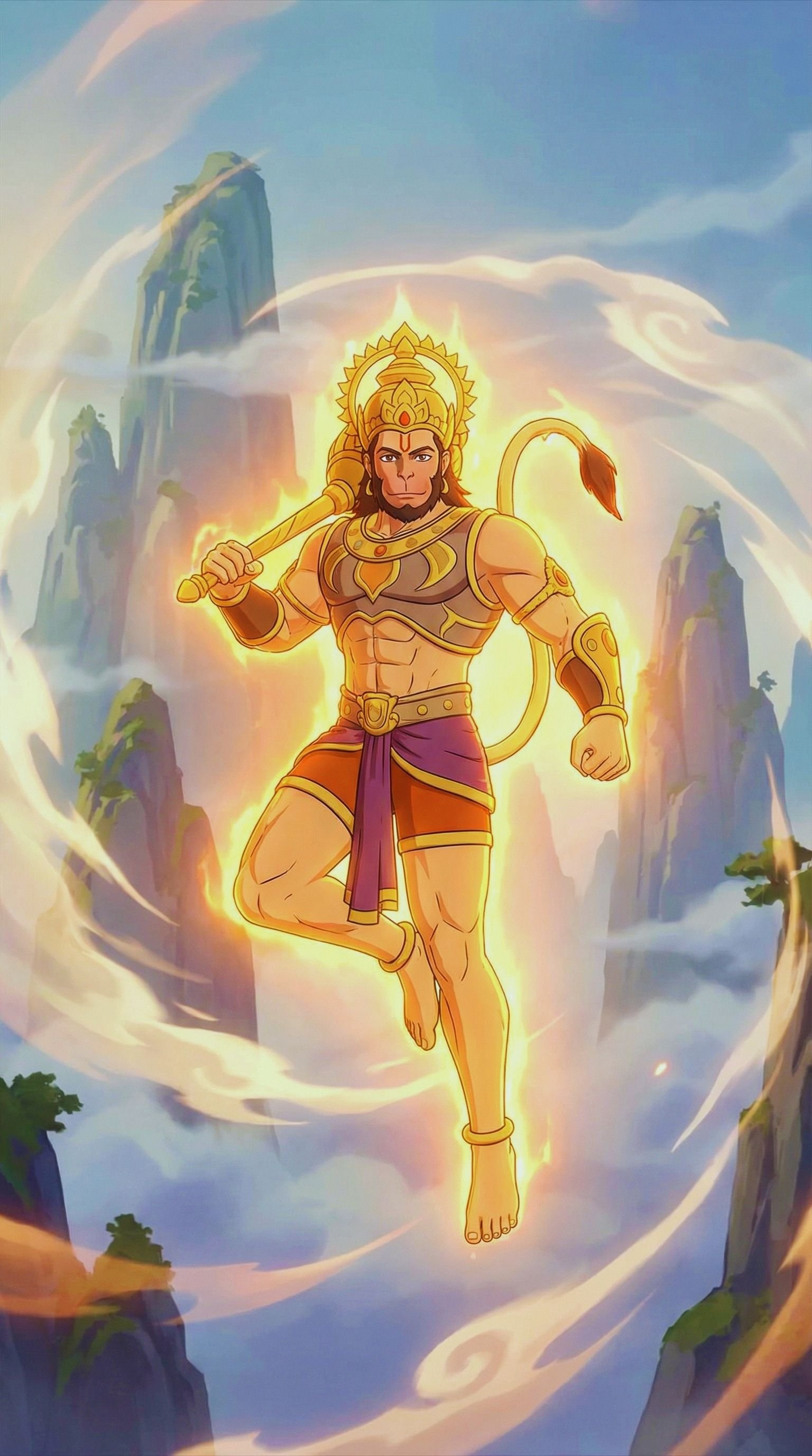Hanuman Flying Divine Power Mountain HD Wallpaper