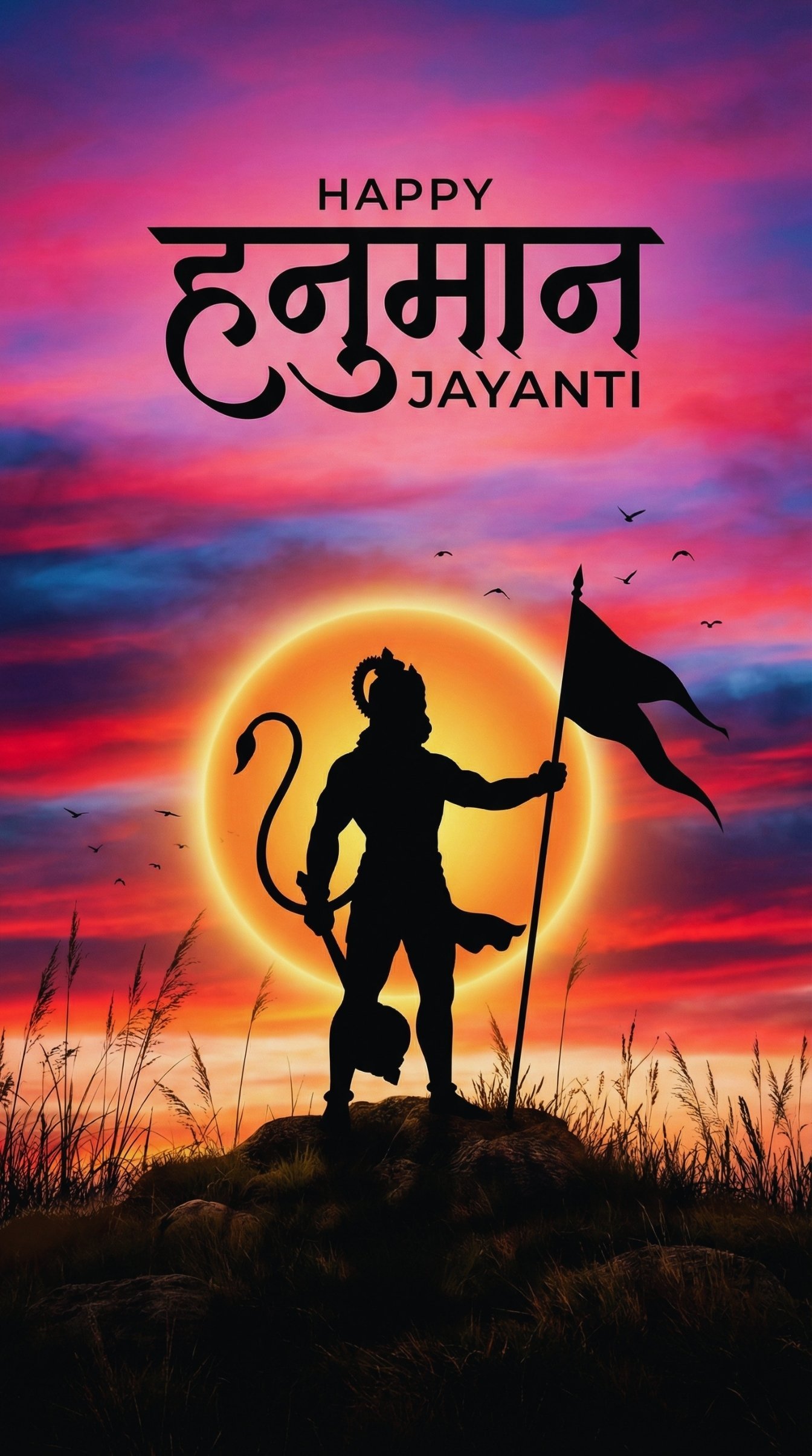 Hanuman Jayanti Sunset Silhouette Flag HD Wallpaper