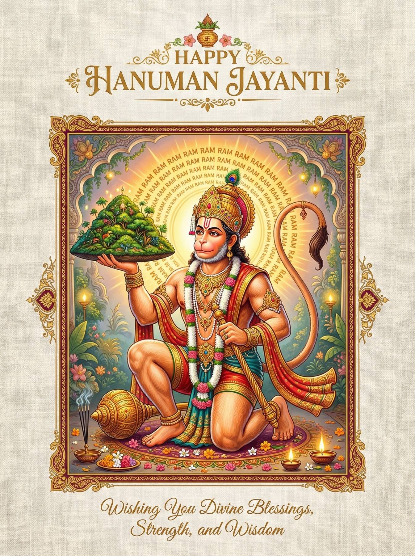 Lord Hanuman Sanjeevani Parvat Traditional Art HD Image