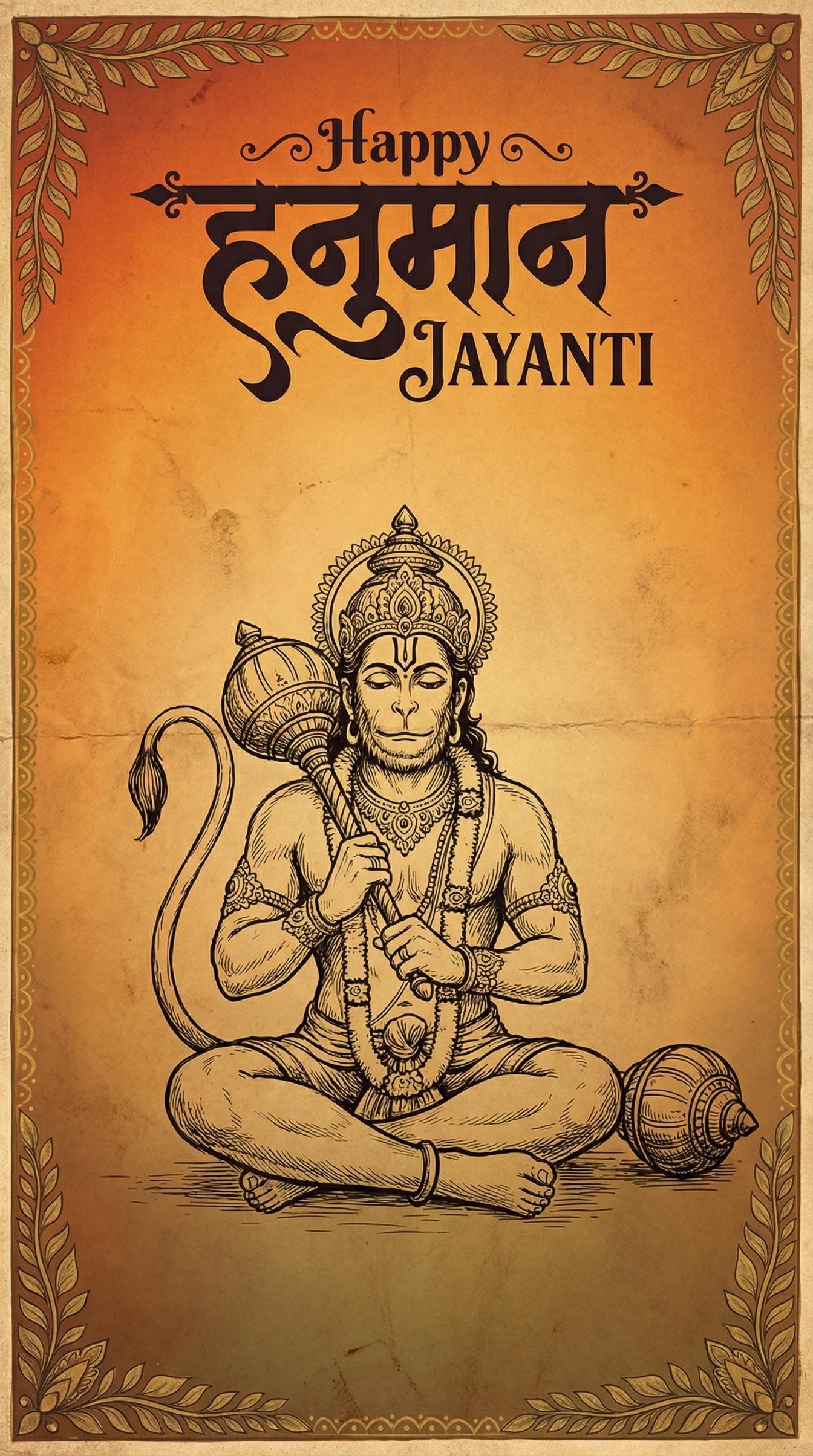 Vintage Hanuman Jayanti Sketch Art Minimal Sepia Poster