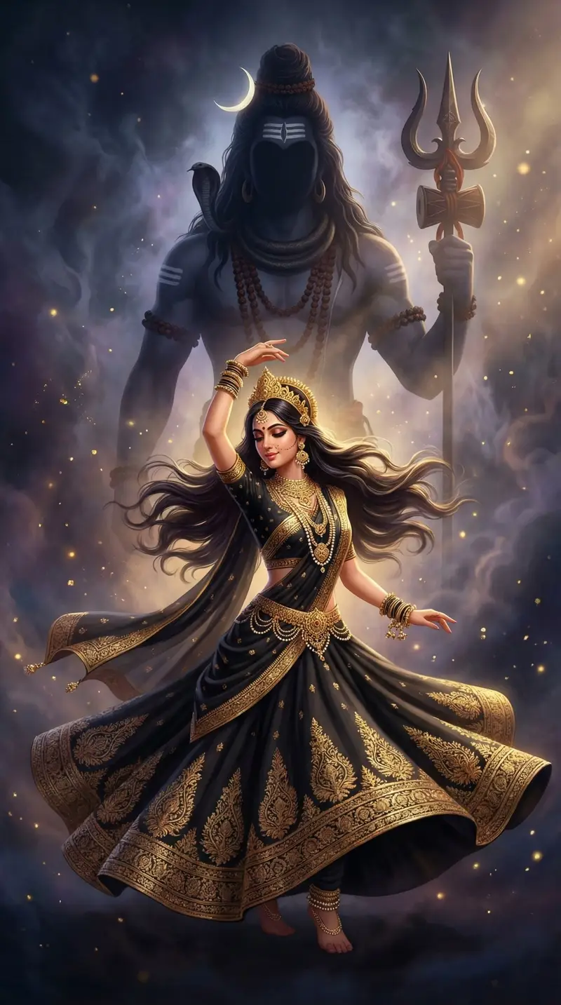 Shiv Parvati Divine Dance Black Lehenga Wallpaper