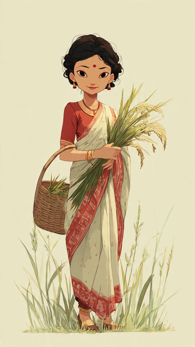 Assamese Girl Traditional Saree Rice Harvest Cute Art