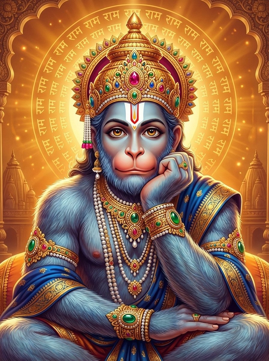 Royal Hanuman Portrait with Golden Crown Devotional Art