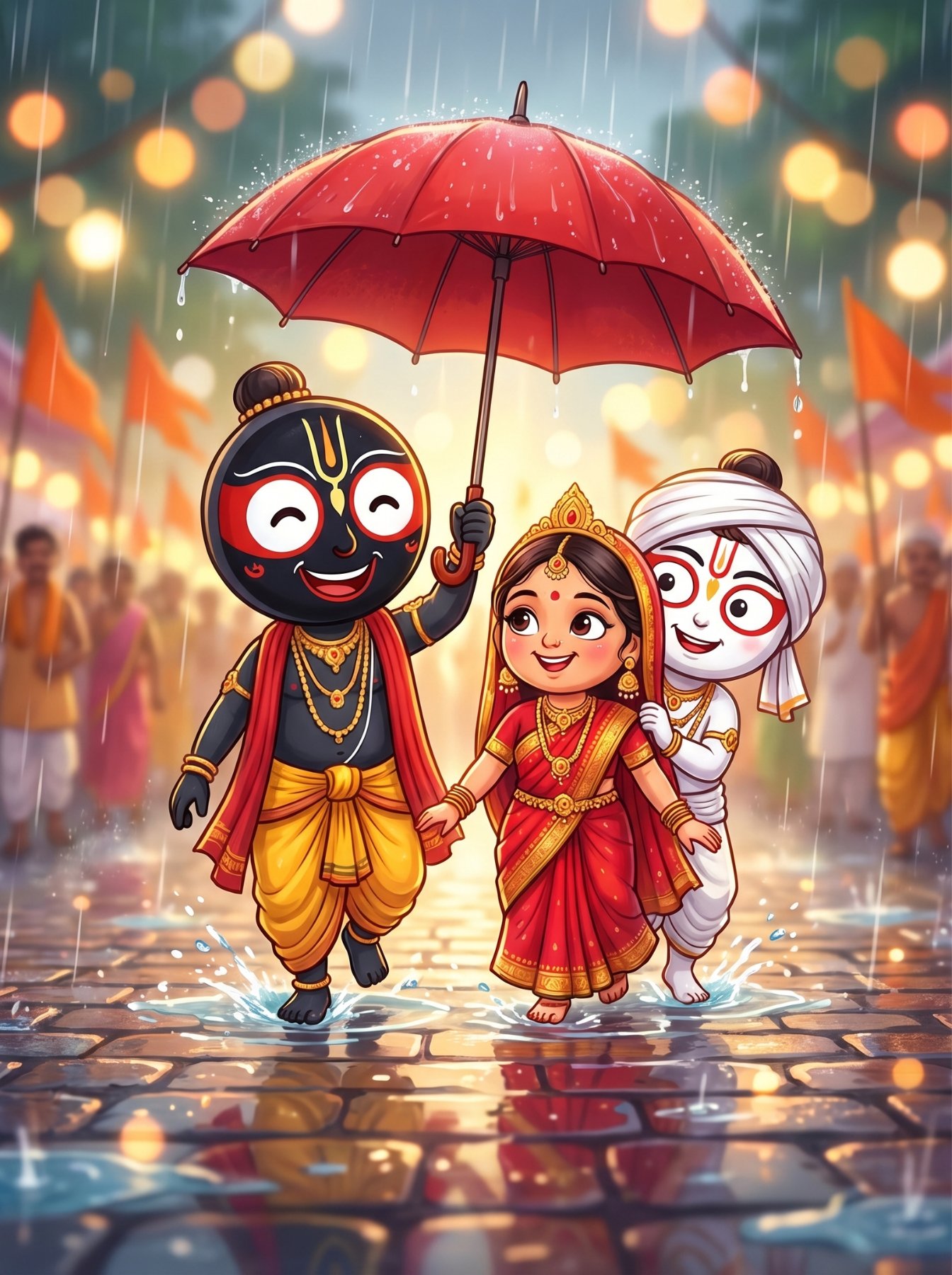 Cute Jagannath Family Rain Scene Rath Yatra Wallpaper