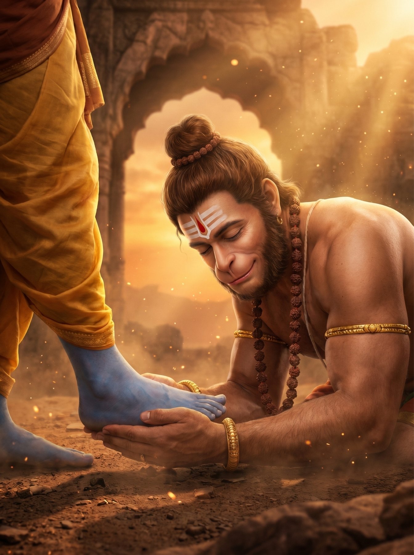 Hanuman Touching Lord Ram Feet True Devotion Wallpaper