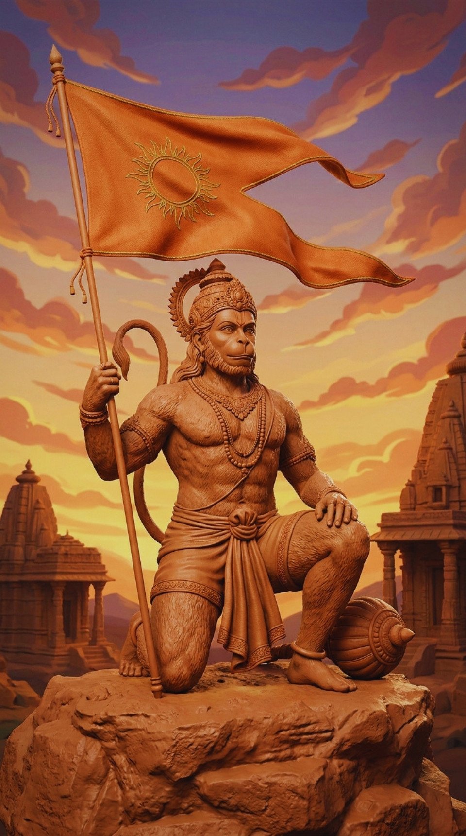 Hanuman Statue with Saffron Flag Powerful Devotion Art