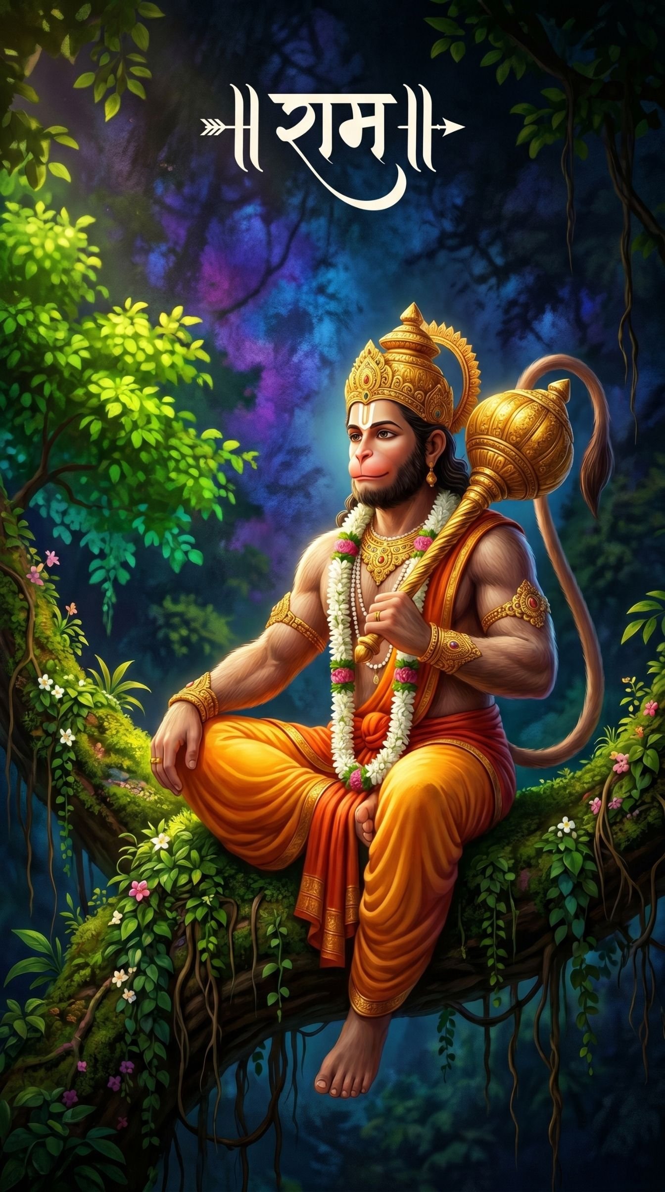 Hanuman Sitting on Tree with Gada Divine Forest Art