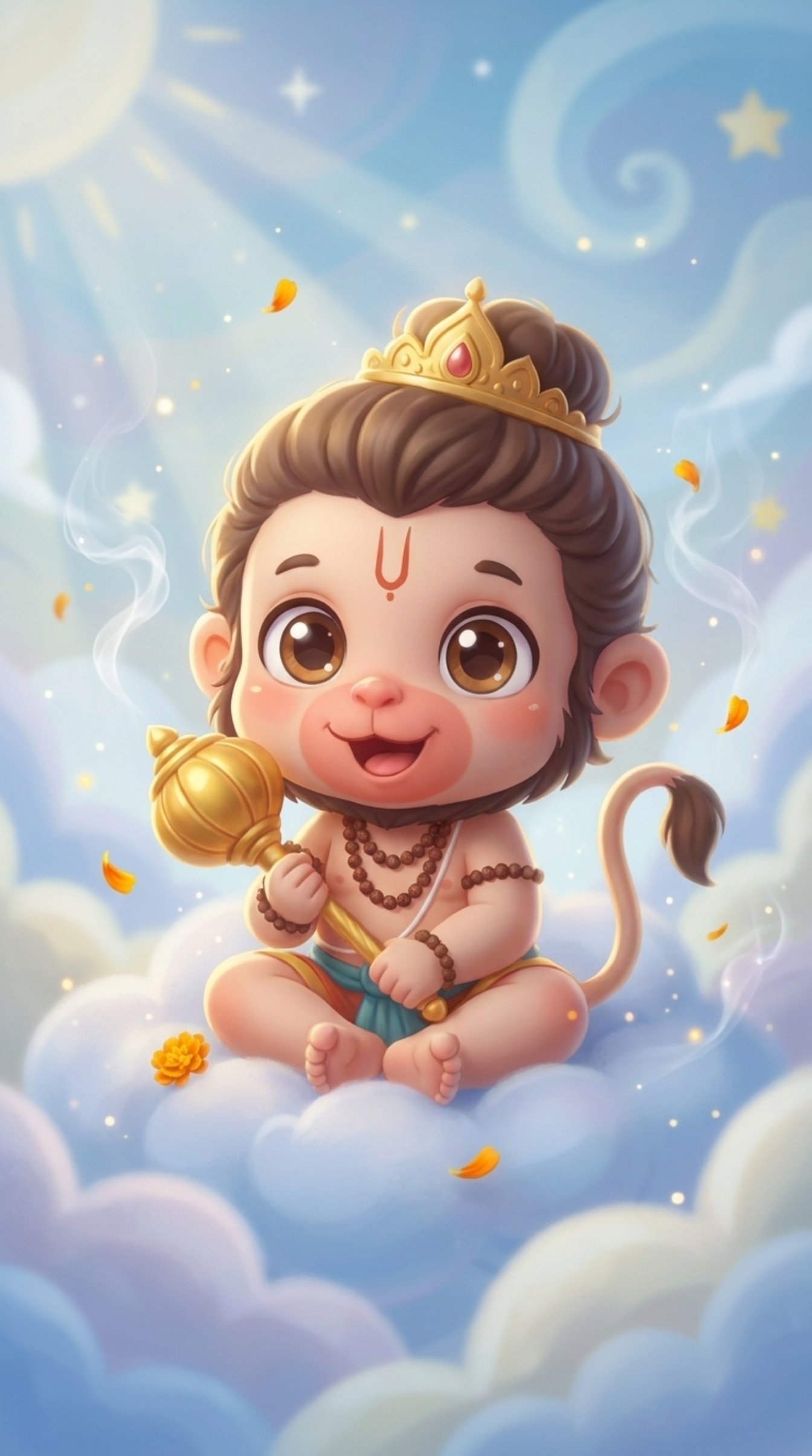 Cute Baby Hanuman Sitting on Clouds 3D Devotional Art