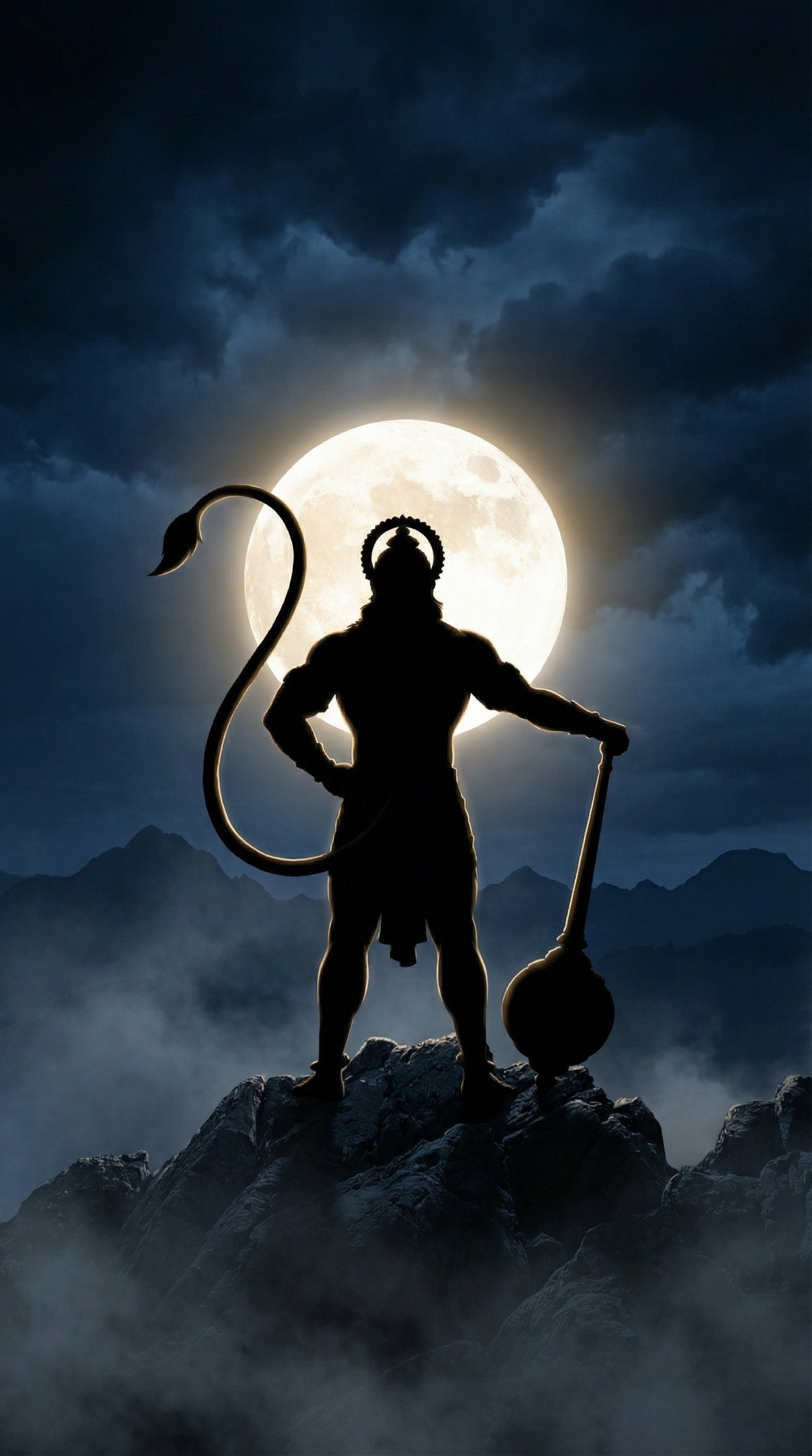 Hanuman Silhouette with Moon Powerful Night Devotional Art